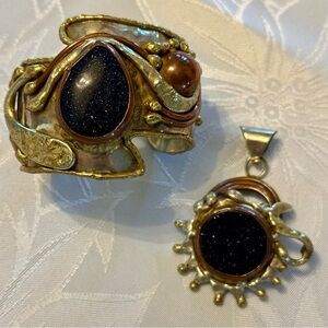 Vintage Brutalist cuff/pendant  brass,copper/indigo Goldstone